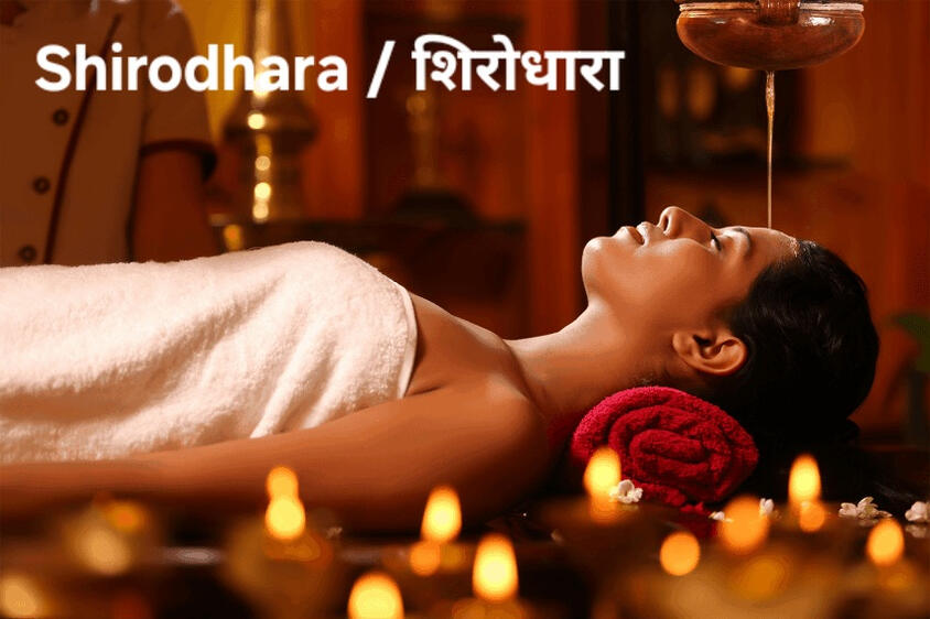 Shirodhara / शिरोधारा Shirodhara is an Ayurvedic therapy that involves gently pouring a continuous stream of warm oil or other liquids onto the forehead, specifically targeting the "third eye" area. The term "Shirodhara" is derived from Sanskrit, where