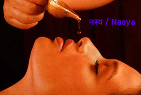 "नस्य / Nasya " Nasya is an Ayurvedic therapy involving the Nasal administration of herbal oils, juices, or powders. It's part of the Panchakarma treatments and focuses on disorders related to the Ear, Nose, and Throat. It aims to cleanse and rejuvenat